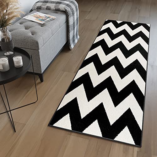 TAPISO MAROKO Läufer Teppich Meterware Brücke Flur Modern Geometrisch Zig Zag Streifen Gestreift Schwarz Creme Wohnzimmer ÖKOTEX 100 x 200 cm von TAPISO