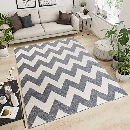 TAPISO MAROKO Teppich Modern Kurzflor Designer Geometrisch Zick Zack Streifen Linien Muster Creme Grau Wohnzimmer ÖKOTEX 120 x 170 cm von TAPISO