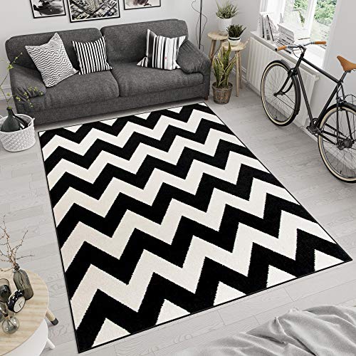 TAPISO MAROKO Teppich Wohnzimmer Schlafzimmer Modern Kurzflor Geometrisch Zick Zack Streifen Gestreift Schwarz Creme ÖKOTEX 60 x 100 cm von TAPISO