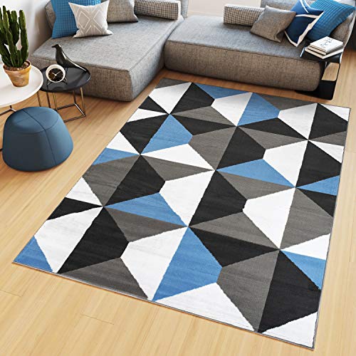 TAPISO Maya Kollektion Teppich Kurzflor Grau Weiß Blau Modern Geometrisch Vierecke Figuren Design Wohnzimmer Schlafzimmer Büro ÖKOTEX 200 x 250 cm von TAPISO