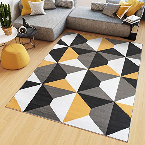 TAPISO Maya Kollektion Teppich Kurzflor Grau Weiß Gelb Modern Geometrisch Vierecke Figuren Design Wohnzimmer Schlafzimmer Büro ÖKOTEX 120 x 170 cm von TAPISO