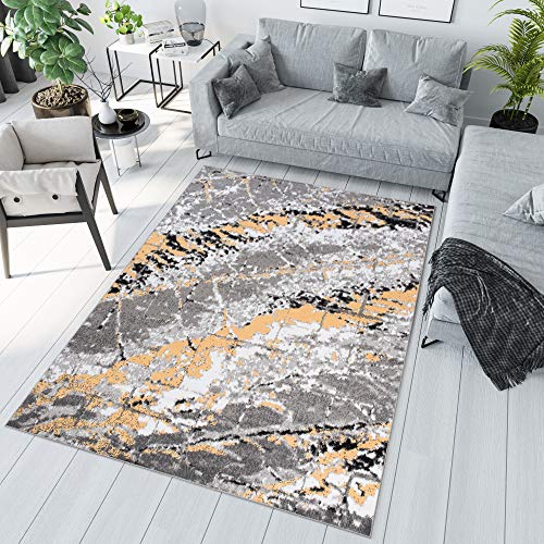 TAPISO Maya Kollektion Teppich Kurzflor Modern Gelb Grau Creme Meliert Streifen Splash Design Verwischt Wohnzimmer Schlafzimmer ÖKOTEX 200 x 300 cm von TAPISO