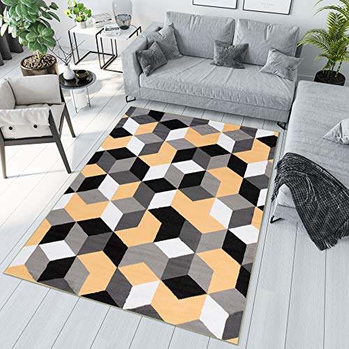 TAPISO Maya Kollektion Teppich Kurzflor Modern Grau Creme Gelb Schwarz Geometrisch Zig Zag Gitter Figuren Design Wohnzimmer Schlafzimmer ÖKOTEX 180 x 250 cm von TAPISO