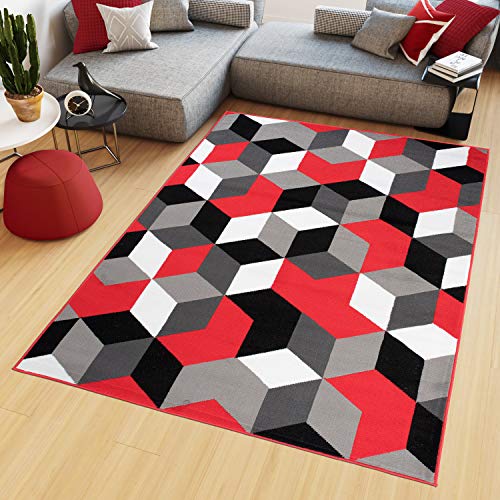 TAPISO Maya Kollektion Teppich Kurzflor Modern Grau Creme Rot Schwarz Geometrisch Gitter Figuren Design Wohnzimmer Schlafzimmer ÖKOTEX 140 x 200 cm von TAPISO