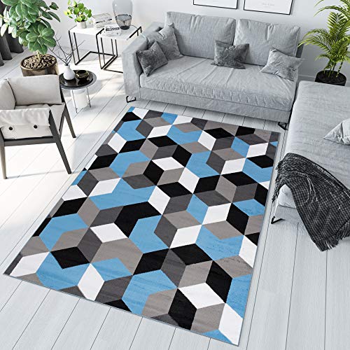 TAPISO Maya Kollektion Teppich Kurzflor Modern Grau Weiß Blau Schwarz Geometrisch Gitter Figuren Design Wohnzimmer Schlafzimmer ÖKOTEX 120 x 170 cm von TAPISO