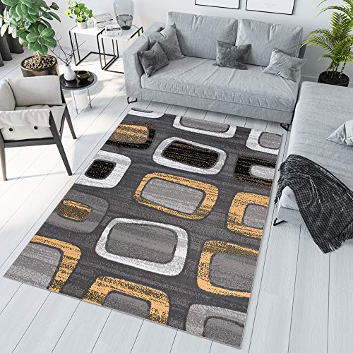 TAPISO Maya Kollektion Teppich Kurzflor Modern Grau Weiß Dunkelgrau Schwarz Gelb Meliert Figuren Design Wohnzimmer Schlafzimmer Jugendzimmer ÖKOTEX 140 x 200 cm von TAPISO