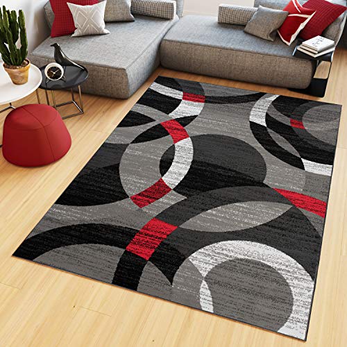 TAPISO Maya Kollektion Teppich Kurzflor Modern Kreise Streifen Design Schwarz Grau Rot Weiß Meliert Wohnzimmer Schlafzimmer Büro ÖKOTEX 140 x 200 cm von TAPISO