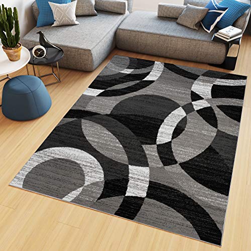 TAPISO Maya Teppich Kurzflor Modern Kreise Streifen Design Schwarz Grau Weiß Meliert Wohnzimmer Schlafzimmer Büro ÖKOTEX 200 x 300 cm von TAPISO