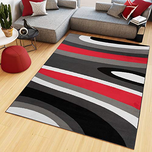 TAPISO Maya Kollektion Teppich Kurzflor Modern Streifen Gestreift Design Grau Schwarz Weiß Rot Wohnzimmer Schlafzimmer Büro ÖKOTEX 120 x 170 cm von TAPISO