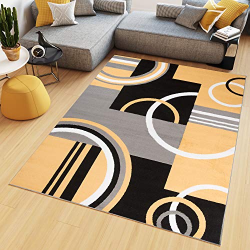 TAPISO Maya Kollektion Teppich Kurzflor Modern Vierecke Kreise Streifen Figuren Design Schwarz Gelb Grau Weiß Wohnzimmer Schlafzimmer Büro ÖKOTEX 160 x 220 cm von TAPISO