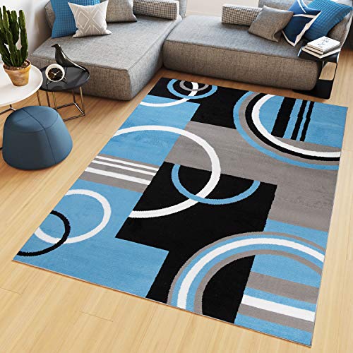 TAPISO Maya Kollektion Teppich Kurzflor Modern Vierecke Kreise Streifen Figuren Design Schwarz Grau Blau Weiß Wohnzimmer Schlafzimmer Büro ÖKOTEX 140 x 200 cm von TAPISO