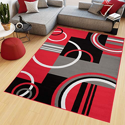 TAPISO Maya Kollektion Teppich Kurzflor Modern Vierecke Kreise Streifen Figuren Design Schwarz Grau Rot Weiß Wohnzimmer Schlafzimmer Büro ÖKOTEX 120 x 170 cm von TAPISO