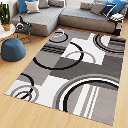 TAPISO Maya Kollektion Teppich Kurzflor Modern Vierecke Kreise Streifen Figuren Design Schwarz Grau Weiß Wohnzimmer Schlafzimmer Büro ÖKOTEX 140 x 200 cm von TAPISO