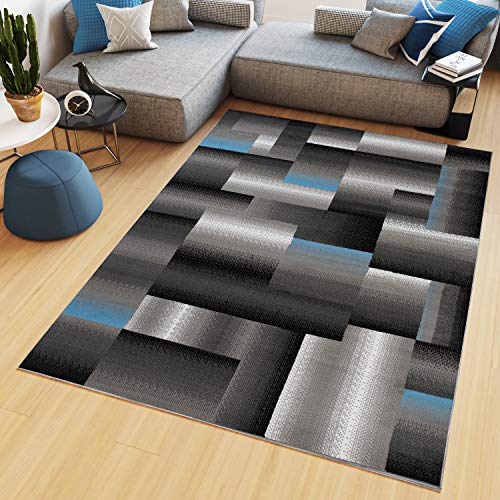 TAPISO Maya Kollektion Teppich Kurzflor Modern Vierecke Streifen Design Schwarz Grau Blau Weiß Meliert Verwischt Wohnzimmer Schlafzimmer ÖKOTEX 250 x 350 cm von TAPISO