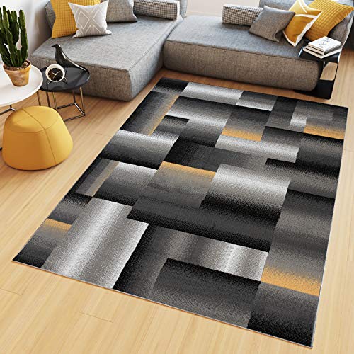 TAPISO Maya Kollektion Teppich Kurzflor Modern Vierecke Streifen Design Schwarz Grau Gelb Weiß Meliert Verwischt Wohnzimmer Schlafzimmer ÖKOTEX 220 x 300 cm von TAPISO