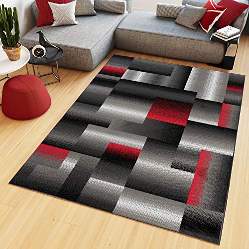 TAPISO Maya Kollektion Teppich Kurzflor Modern Vierecke Streifen Design Schwarz Grau Rot Weiß Meliert Verwischt Wohnzimmer Schlafzimmer ÖKOTEX 200 x 300 cm von TAPISO