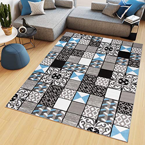 TAPISO Maya Kollektion Teppich Wohnzimmer Kurzflor Blau Grau Weiß Schwarz Geometrisch Modern Mosaik Karo Floral Streifen Schlafzimmer ÖKOTEX 200 x 250 cm von TAPISO