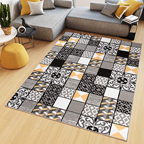 TAPISO Maya Kollektion Teppich Wohnzimmer Kurzflor Gelb Grau Weiß Schwarz Geometrisch Modern Mosaik Karo Floral Streifen Schlafzimmer ÖKOTEX 140 x 200 cm von TAPISO