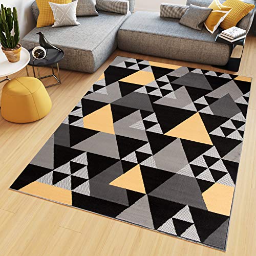 TAPISO Maya Kollektion Teppich Wohnzimmer Kurzflor Modern Dreiecke Meliert Design Schwarz Gelb Grau Schlafzimmer Büro Küche ÖKOTEX 120 x 170 cm von TAPISO