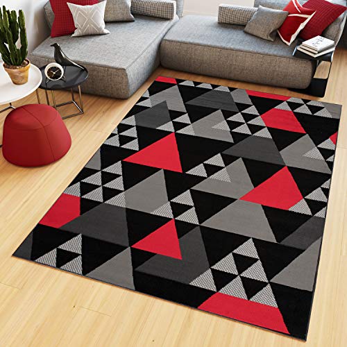 TAPISO Maya Kollektion Teppich Wohnzimmer Kurzflor Modern Dreiecke Meliert Design Schwarz Grau Rot Schlafzimmer Büro ÖKOTEX 140 x 200 cm von TAPISO