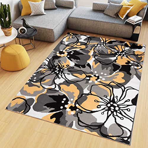 TAPISO Maya Kollektion Teppich Wohnzimmer Kurzflor Modern Floral Blumen Design Schwarz Grau Gelb Weiß Schlafzimmer Kinderzimmer ÖKOTEX 120 x 170 cm von TAPISO