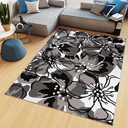 TAPISO Maya Kollektion Teppich Wohnzimmer Kurzflor Modern Floral Blumen Design Schwarz Grau Weiß Schlafzimmer Kinderzimmer ÖKOTEX 160 x 230 cm von TAPISO