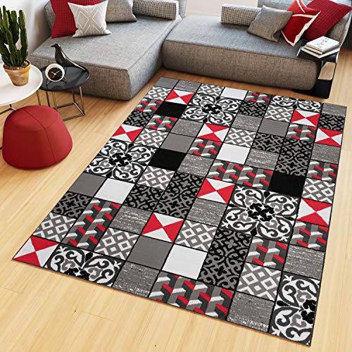 TAPISO Maya Kollektion Teppich Wohnzimmer Kurzflor Rot Grau Weiß Schwarz Geometrisch Modern Mosaik Karo Floral Streifen Schlafzimmer ÖKOTEX 180 x 250 cm von TAPISO