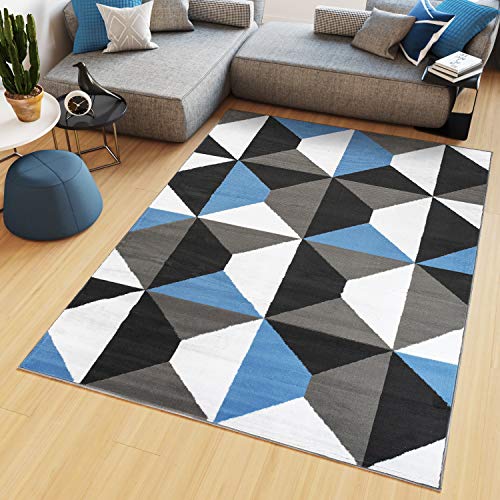 TAPISO Maya Teppich Kurzflor Grau Weiß Blau Modern Geometrisch Vierecke Figuren Design Wohnzimmer Schlafzimmer Büro ÖKOTEX 120 x 170 cm von TAPISO