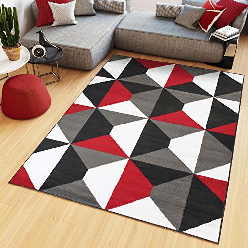 TAPISO Maya Teppich Kurzflor Grau Weiß Rot Modern Geometrisch Vierecke Figuren Design Wohnzimmer Schlafzimmer Büro ÖKOTEX 120 x 170 cm von TAPISO