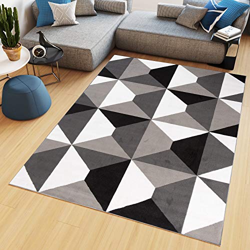 TAPISO Maya Teppich Kurzflor Grau Weiß Schwarz Modern Geometrisch Vierecke Figuren Design Wohnzimmer Schlafzimmer Büro ÖKOTEX 120 x 170 cm von TAPISO