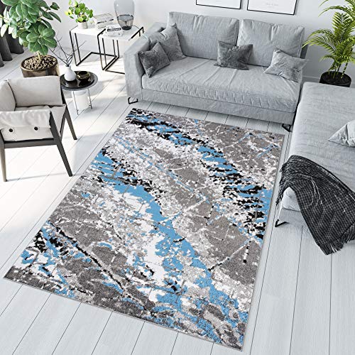 TAPISO Maya Teppich Kurzflor Modern Blau Grau Creme Meliert Streifen Splash Design Verwischt Wohnzimmer Schlafzimmer ÖKOTEX 140 x 200 cm von TAPISO