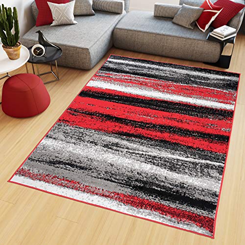 TAPISO Maya Teppich Kurzflor Modern Grau Creme Rot Schwarz Streifen Design Meliert Wohnzimmer Schlafzimmer ÖKOTEX 120 x 170 cm von TAPISO