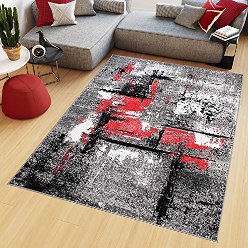 TAPISO Maya Teppich Kurzflor Modern Grau Creme Rot Streifen Design Meliert Wohnzimmer Schlafzimmer ÖKOTEX 140 x 200 cm von TAPISO