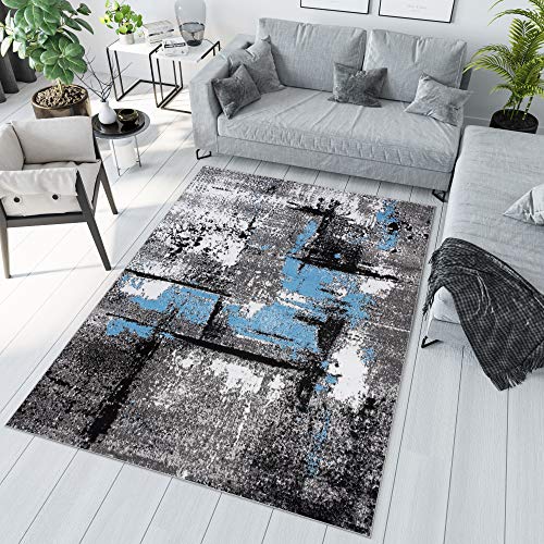 TAPISO Maya Teppich Kurzflor Modern Grau Creme Schwarz Blau Meliert Streifen Splash Design Wohnzimmer Schlafzimmer ÖKOTEX 140 x 200 cm von TAPISO