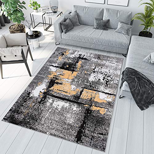 TAPISO Maya Teppich Kurzflor Modern Grau Creme Schwarz Gelb Meliert Streifen Splash Design Wohnzimmer Schlafzimmer ÖKOTEX 140 x 200 cm von TAPISO