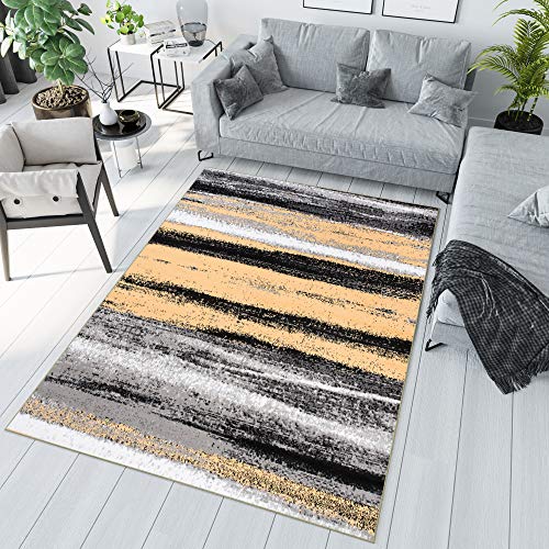 TAPISO Maya Teppich Kurzflor Modern Grau Gelb Creme Schwarz Streifen Design Verwischt Meliert Wohnzimmer Schlafzimmer ÖKOTEX 80 x 150 cm von TAPISO