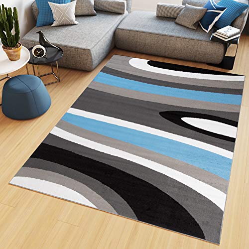 TAPISO Maya Teppich Kurzflor Modern Streifen Gestreift Design Grau Schwarz Weiß Blau Wohnzimmer Schlafzimmer Büro ÖKOTEX 220 x 300 cm von TAPISO