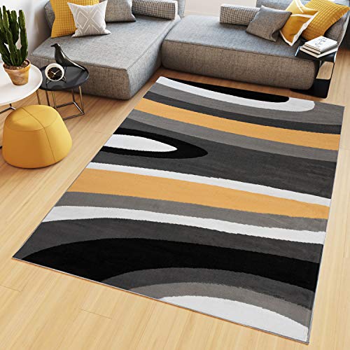 TAPISO Maya Teppich Kurzflor Modern Streifen Gestreift Design Grau Schwarz Weiß Gelb Wohnzimmer Schlafzimmer Büro ÖKOTEX 160 x 230 cm von TAPISO