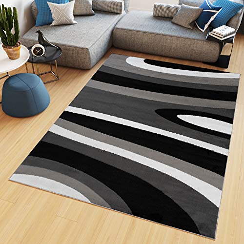 TAPISO Maya Teppich Kurzflor Modern Streifen Gestreift Design Grau Schwarz Weiß Wohnzimmer Schlafzimmer Büro ÖKOTEX 180 x 250 cm von TAPISO