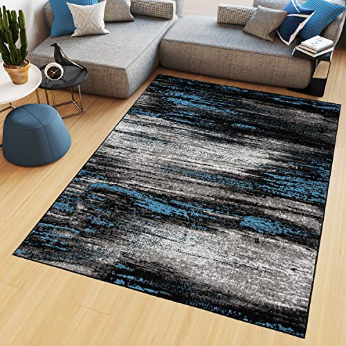TAPISO Maya Teppich Kurzflor Modern Verwischt Meliert Streifen Design Schwarz Grau Blau Weiß Wohnzimmer Schlafzimmer ÖKOTEX 180 x 250 cm von TAPISO