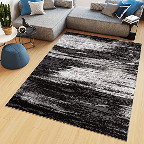 TAPISO Maya Teppich Kurzflor Modern Verwischt Meliert Streifen Design Schwarz Grau Creme Schwarz Wohnzimmer Schlafzimmer ÖKOTEX 80 x 150 cm von TAPISO