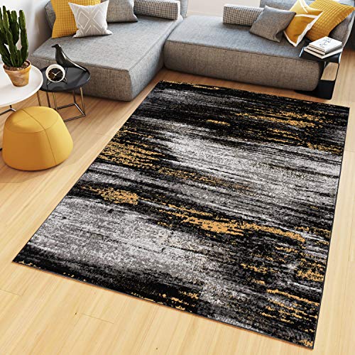 TAPISO Maya Teppich Kurzflor Modern Verwischt Meliert Streifen Design Schwarz Grau Gelb Weiß Wohnzimmer Schlafzimmer ÖKOTEX 250 x 350 cm von TAPISO