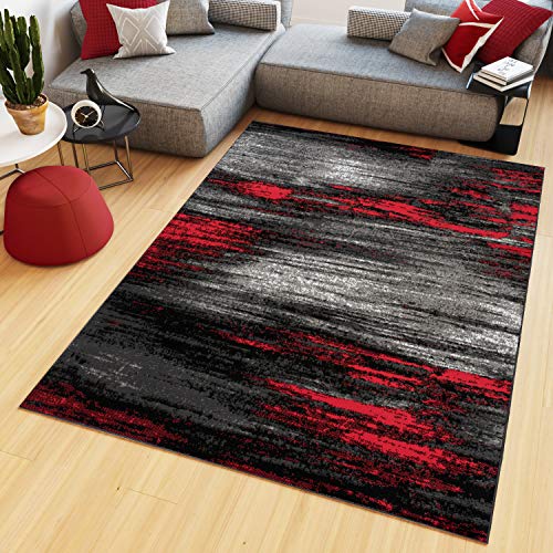 TAPISO Maya Teppich Kurzflor Modern Verwischt Meliert Streifen Design Schwarz Grau Rot Weiß Wohnzimmer Schlafzimmer ÖKOTEX 140 x 200 cm von TAPISO