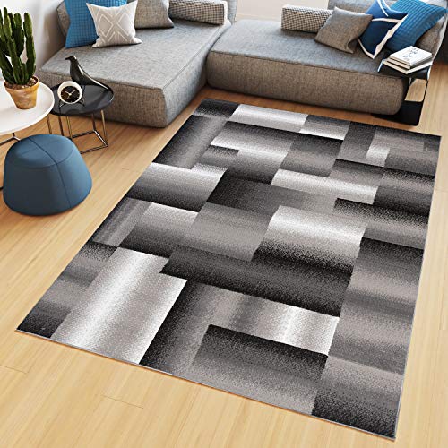 TAPISO Maya Teppich Kurzflor Modern Vierecke Streifen Design Schwarz Grau Creme Meliert Verwischt Wohnzimmer Schlafzimmer ÖKOTEX 120 x 170 cm von TAPISO