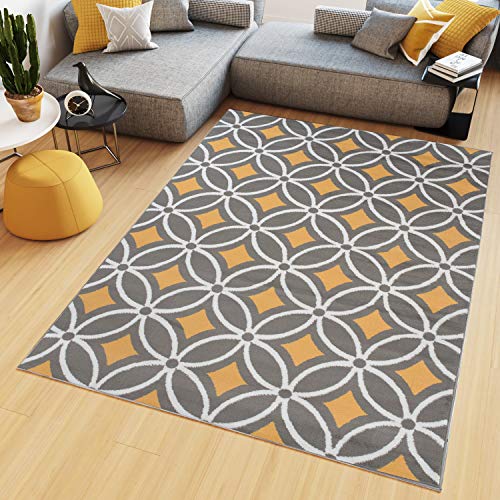 TAPISO Maya Teppich Kurzflor Wohnzimmer Gelb Grau Weiß Modern Geometrisch Mosaik Kreise Karo Schlafzimmer Esszimmer ÖKOTEX 140 x 200 cm von TAPISO