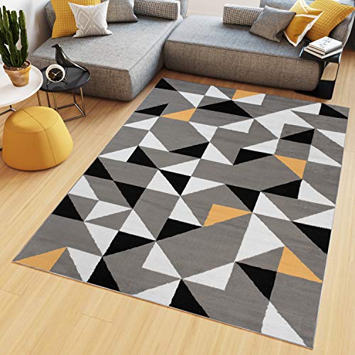 TAPISO Maya Teppich Kurzflor Wohnzimmer Schlafzimmer Grau Weiß Gelb Schwarz Modern Geometrisch Dreiecke Esszimmer Büro ÖKOTEX 250 x 300 cm von TAPISO