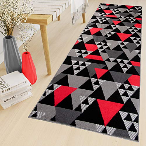 TAPISO Maya Teppich Läufer Meterware Kurzflor Flur Küche Brücke Wohnzimmer Modern Grau Rot Schwarz Geometrisch Dreieck ÖKOTEX 70 x 110 cm von TAPISO