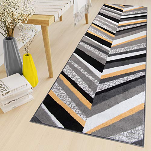 TAPISO Maya Teppich Läufer Meterware Kurzflor Flur Küche Brücke Wohnzimmer Modern Grau Weiß Gelb Schwarz Streifen ÖKOTEX 100 x 310 cm von TAPISO