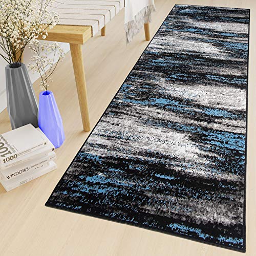 TAPISO Maya Teppich Läufer Meterware Kurzflor Wohnzimmer Flur Küche Modern Brücke Grau Blau Schwarz Verwischt Meliert Design ÖKOTEX 120 x 300 cm von TAPISO