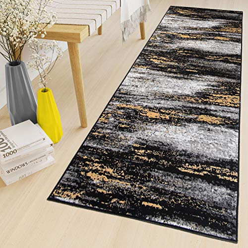 TAPISO Maya Teppich Läufer Meterware Kurzflor Wohnzimmer Flur Küche Modern Brücke Grau Gelb Schwarz Verwischt Meliert Design ÖKOTEX 120 x 380 cm von TAPISO